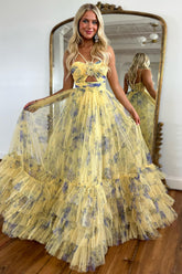 Yellow Floral Print Halter Neck A-Line Tulle Tiered Long Prom Dress